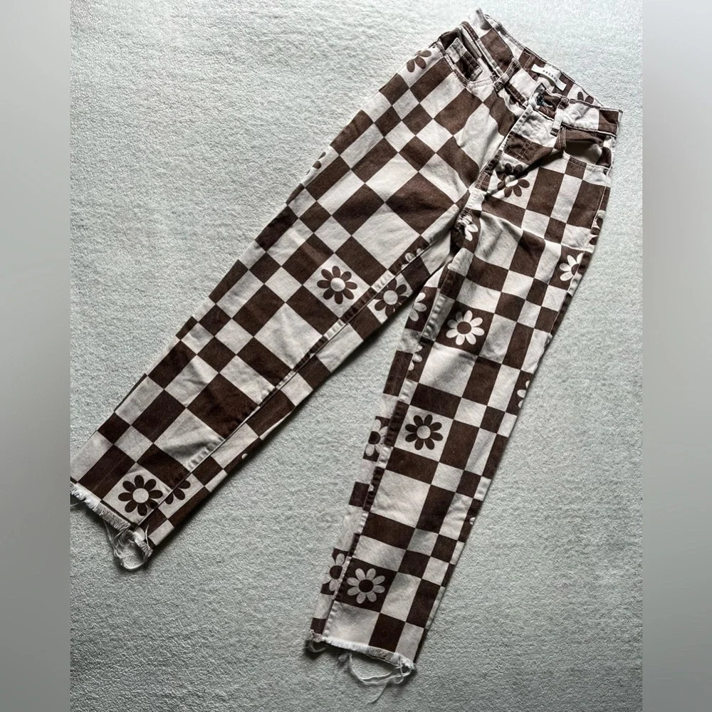 Pacsun Jeans Womens 22 (XS) Eco Flower Checkerboard Button Fly High Rise Frayed - Picture 5 of 9